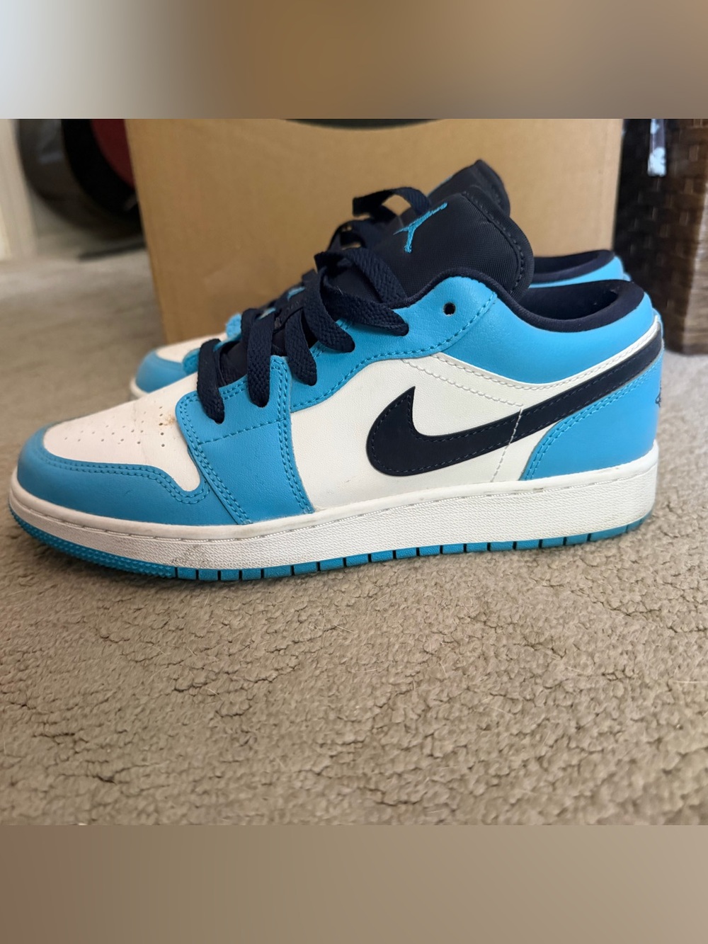Nike Air Jordan 1 Low - White & Light Blue with Navy Swoosh